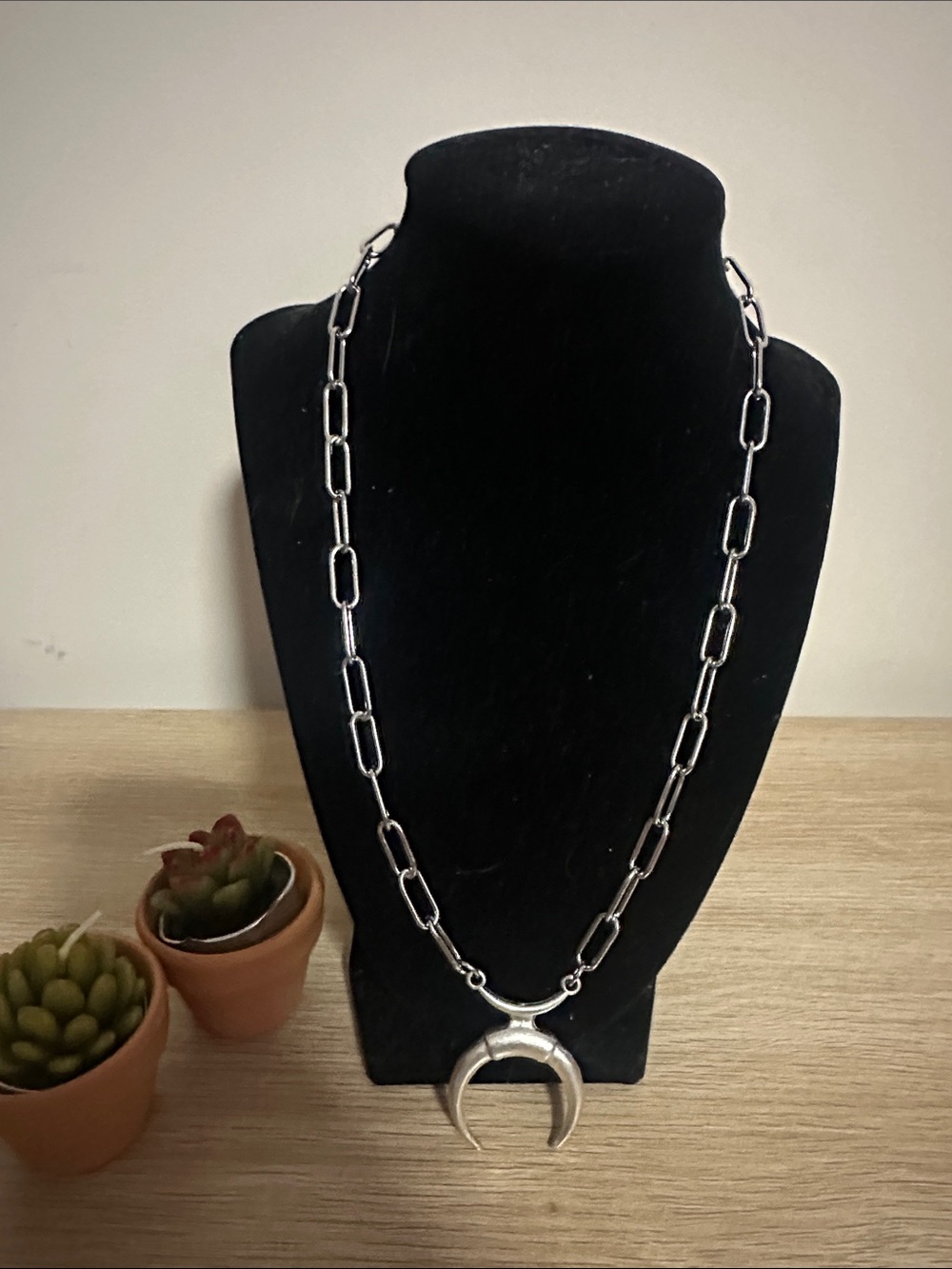 Swarovski Silver Tone Paperclip Chain Double Horn Crescent Moon Pendant Necklace